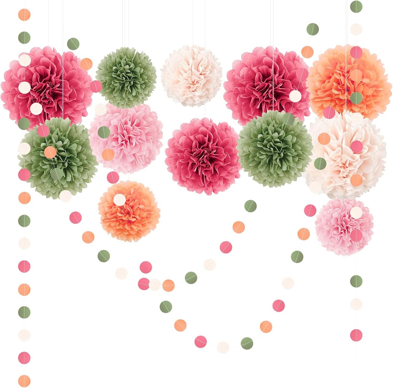 Wedding Party Decorations - 15Pcs Pink, Sage Green, Ivory Tissue Paper Pom Pom for Birthday Pastel Decorations, Engagement Baby/Bridal Shower Anniversary Valentine Dot Paper Backdrop Decor